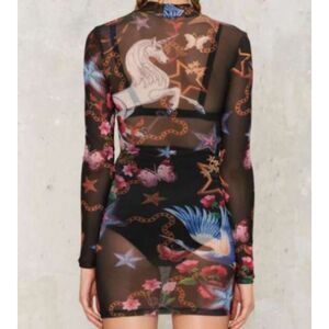Revolve Jaded London Mini Dress Mesh Sheer Tattoo Print Unicorn NWT